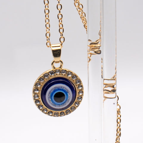 Turkish Crystal Evil Eye Pendant Gold Necklace