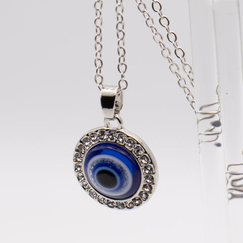 Turkish Crystal Evil Eye Pendant Silver Necklace