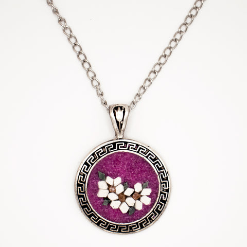Sterling Silver Mosaic Flower Necklace in Magenta