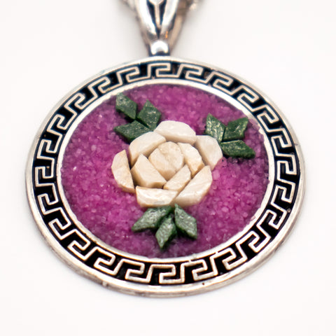 Sterling Silver Necklace Handmade Mosaic Purple Rose 1