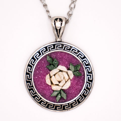 Sterling Silver Necklace Handmade Mosaic Purple Rose