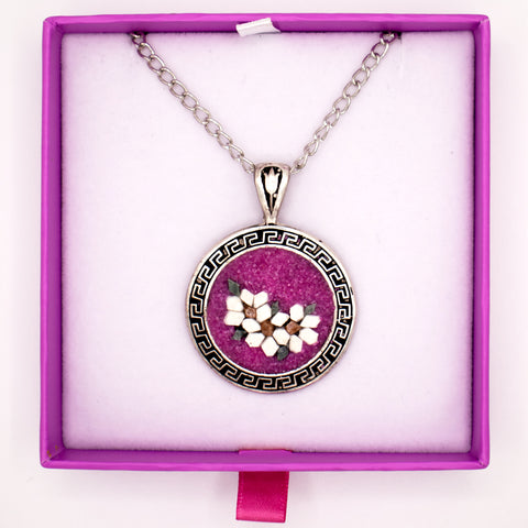 Sterling Silver Mosaic Flower Necklace in Magenta 6