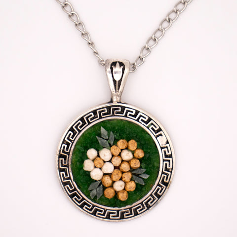 Sterling Silver Necklace Green Flowers Mosaic