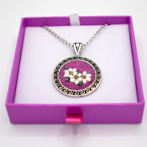 Sterling Silver Mosaic Flower Necklace in Magenta 5