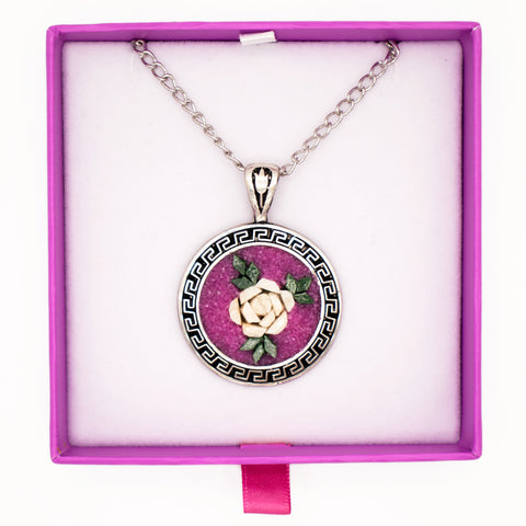 Sterling Silver Necklace Handmade Mosaic Purple Rose 3