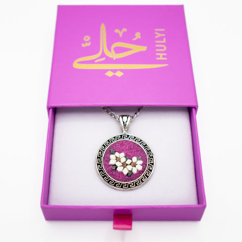 Sterling Silver Mosaic Flower Necklace in Magenta 2