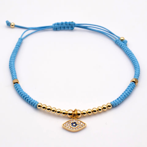 Sky Blue Handwoven Wax Rope Adjustable Evil Eye Charm Bracelet