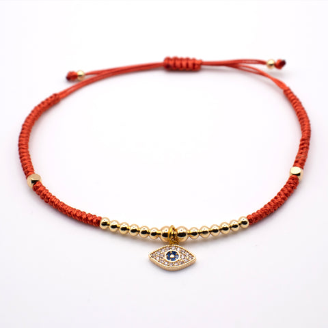 Ruby Red Handwoven Wax Rope Adjustable Evil Eye Charm Bracelet