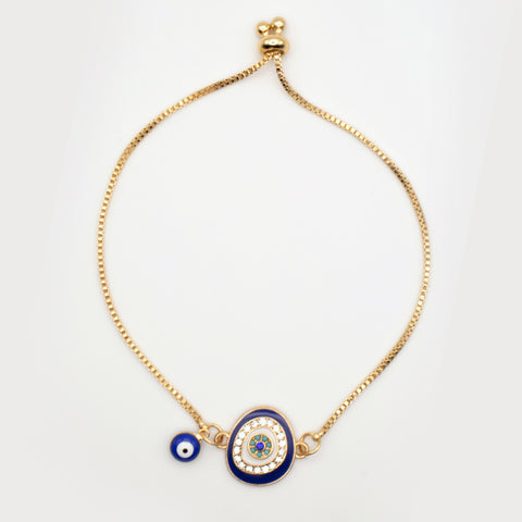 Adjustable Gold Plated Blue Evil Eye Amulet Bracelet