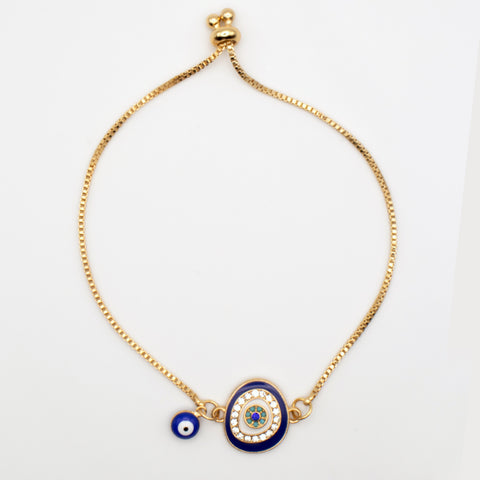 Adjustable Gold Plated Blue Evil Eye Amulet Bracelet