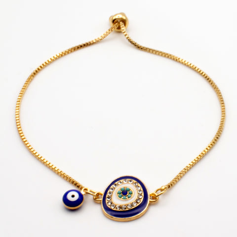 Adjustable Gold Plated Blue Evil Eye Amulet Bracelet