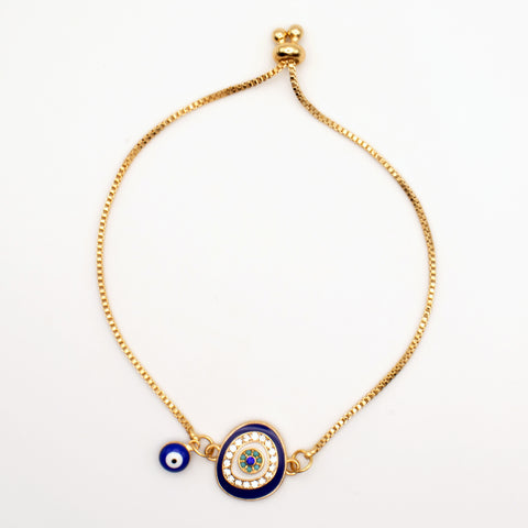 Adjustable Gold Plated Blue Evil Eye Amulet Bracelet