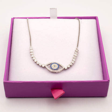 925 Sterling Silver Cubic Zirconia Evil Eye Adjustable Bracelet