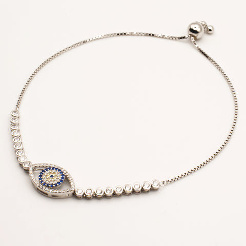925 Sterling Silver Cubic Zirconia Evil Eye Adjustable Bracelet