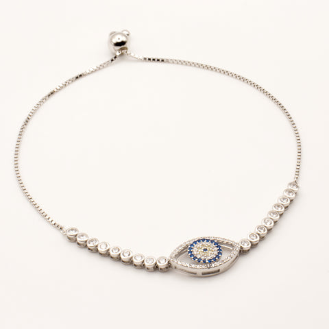 925 Sterling Silver Cubic Zirconia Evil Eye Adjustable Bracelet